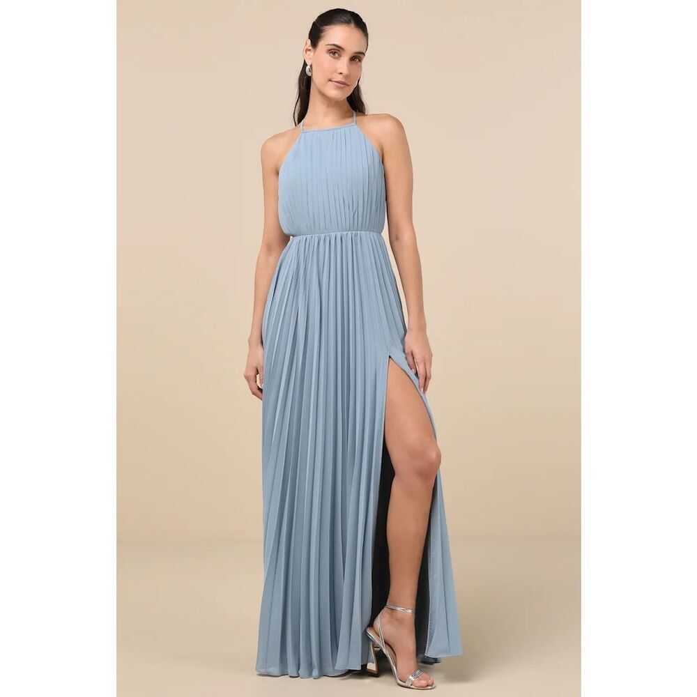 Lulus Rylie Slate Blue Pleated Backless Maxi Dress Size M NWT